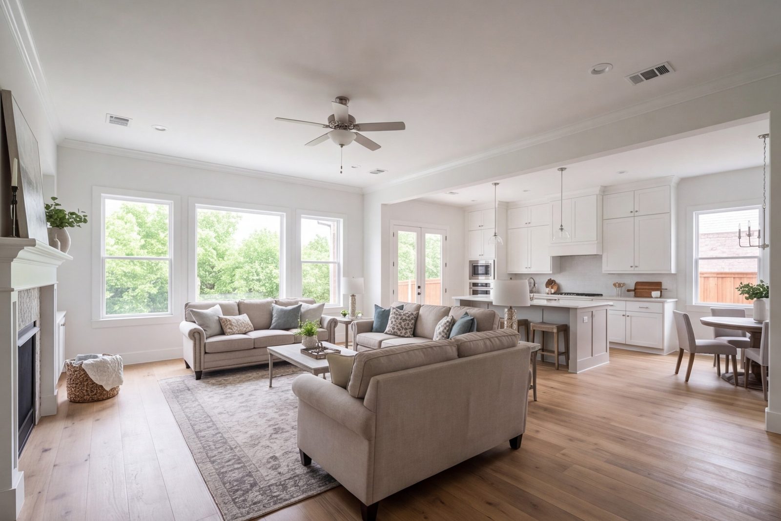 Kessler Park bungalow living room opening to a new kitchen with oak floors throughout