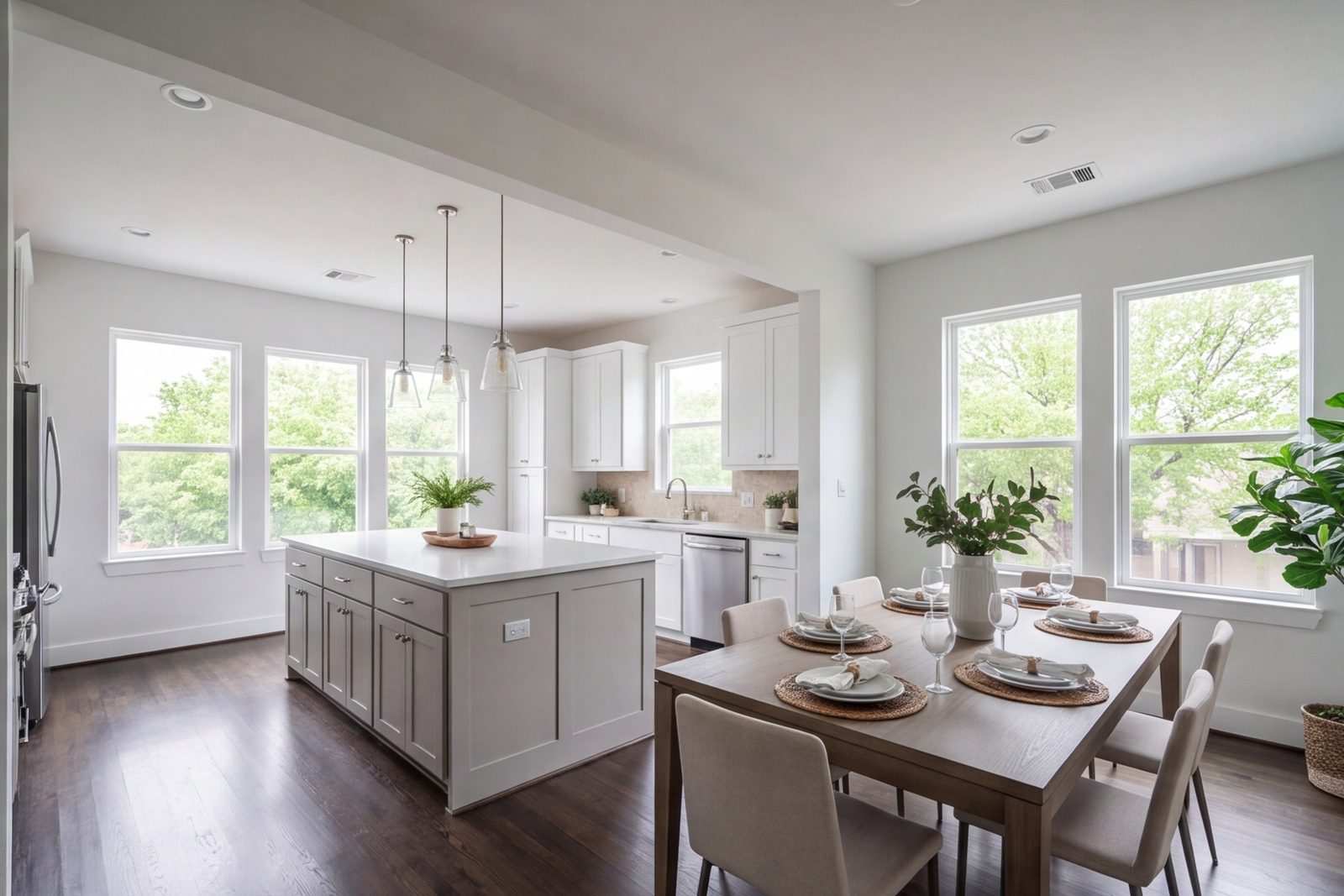Lakewood kitchen and dining room joined by an open wall, island with pendant lighting