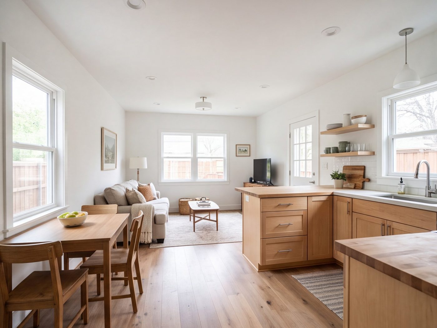 Converted garage apartment with a small kitchen and living area