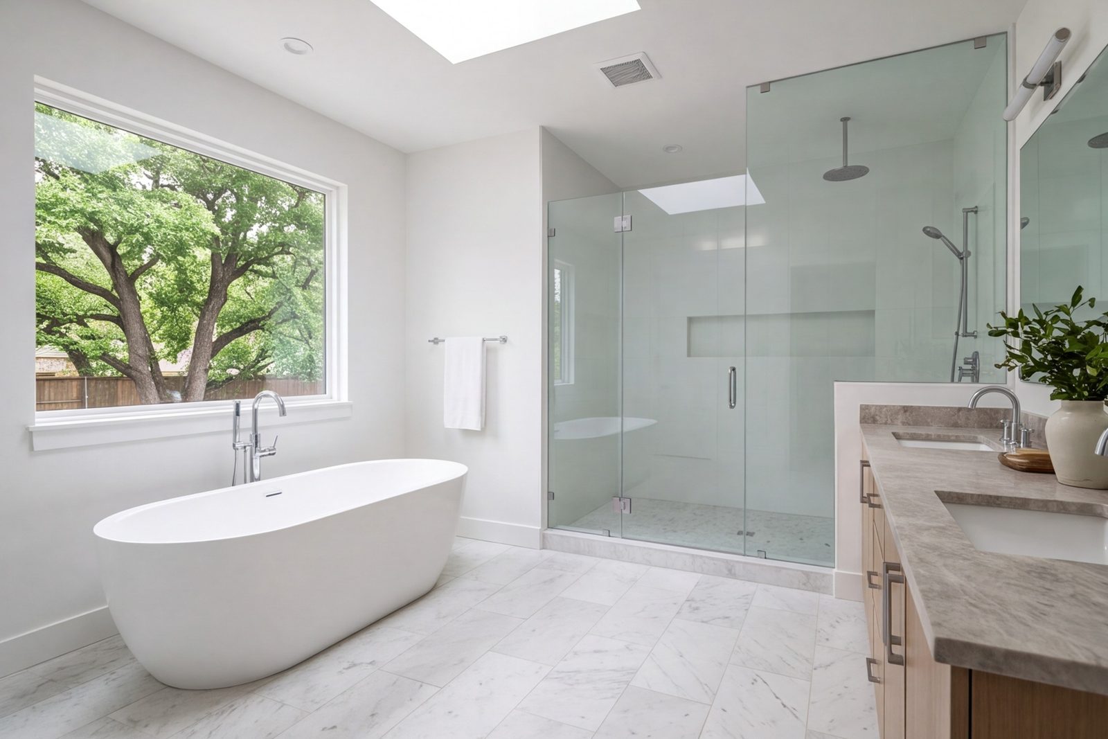 Primary bathroom with a freestanding tub, walk-in glass shower and double vanity, wide view