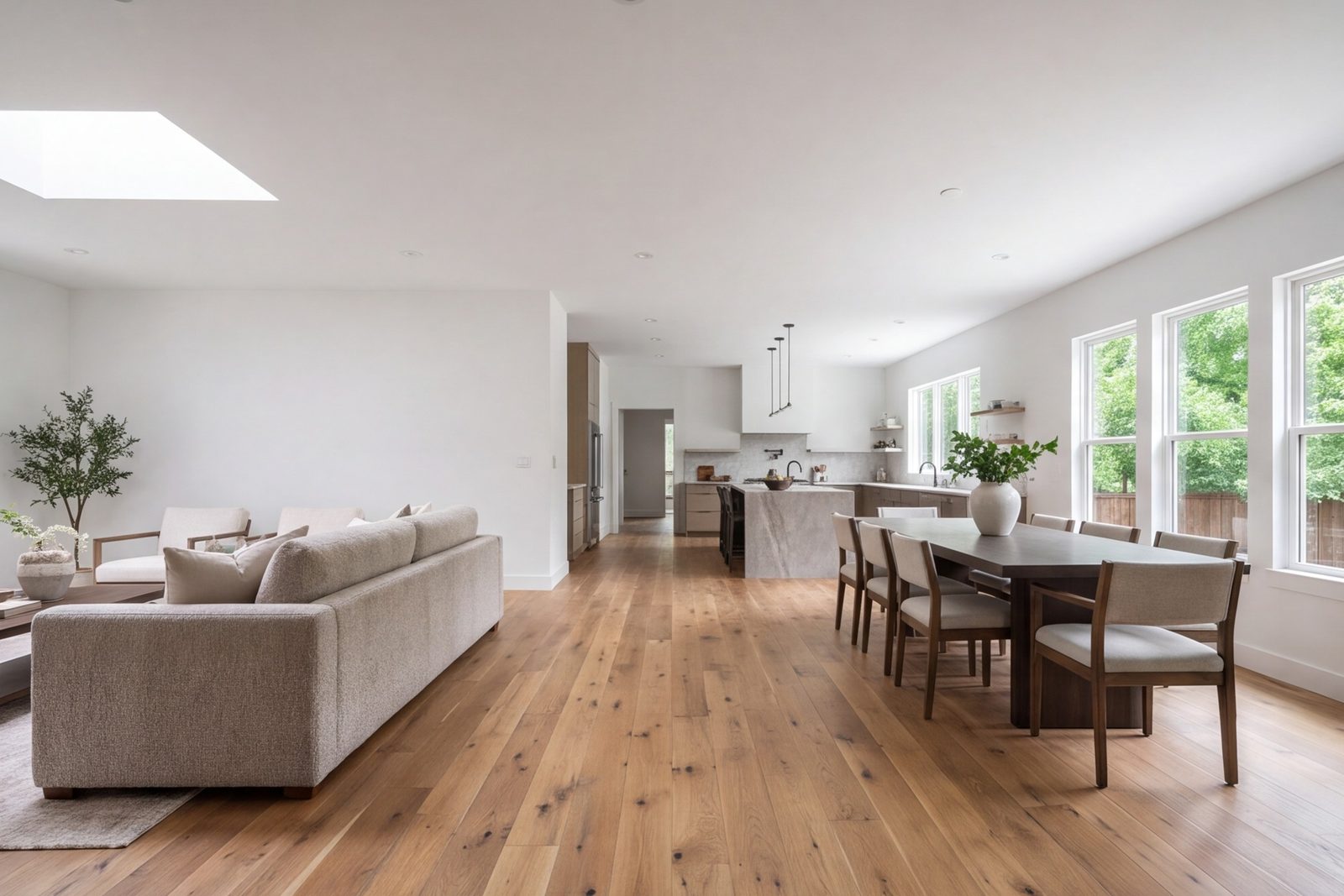 Open living, dining and kitchen area in a fully remodeled Dallas house with continuous flooring