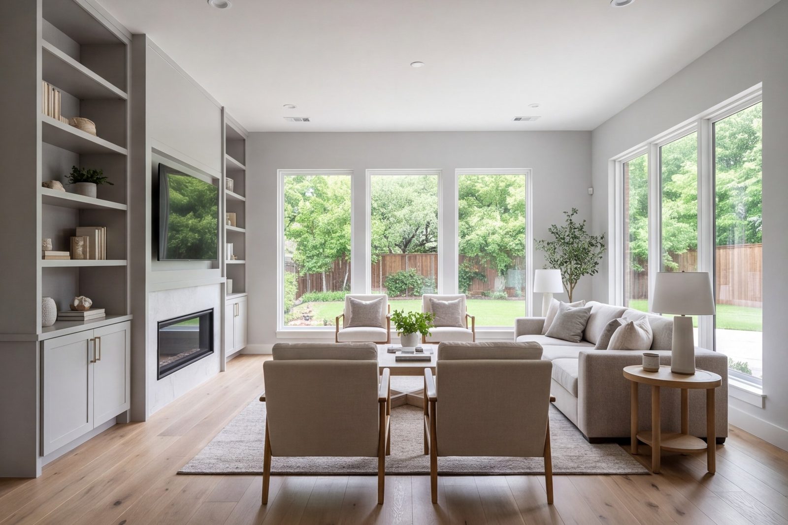 Remodeled family room in a Dallas home with new windows and built-in shelving
